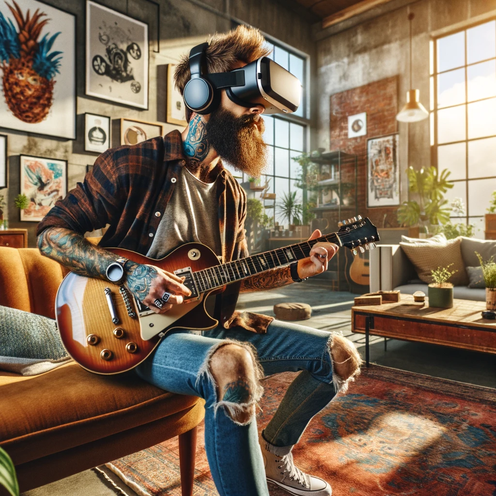 DALL·E 2024-03-28 14.46.10 – A hipster man with a full beard and visible tattoos is playing an electric guitar in the center of his stylish living room. He’s fully immersed in the